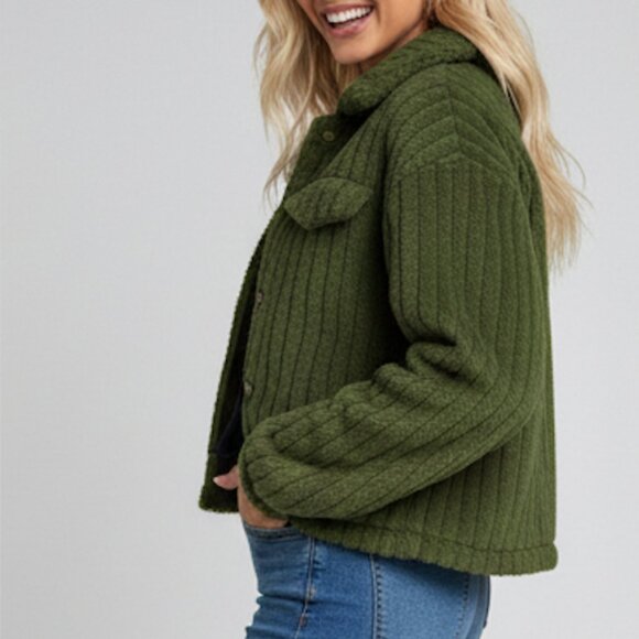 Teddy Front Button Long Sleeve Jacket Green - Picture 3 of 5